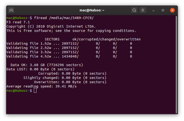 Screenshot eines Terminal-Fensters unter „Ubuntu“, welches die Ausgabe des Befehls „f3read“ beinhaltet. Die Informationen decken v. a. die Gesamtgröße des Mediums, die Namen der vier (erfolgreich) validierten Dateien und die durchschnittliche Lesegeschwindigkeit ab.