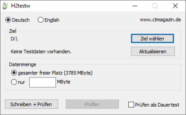 Screenshot des Programms „H2testw“, welches das Hauptfenster zeigt. Dort lässt sich u. a. das Ziellaufwerk und die zu schreibende Testdatenmenge festlegen und der Schreib-/Lesetest starten.